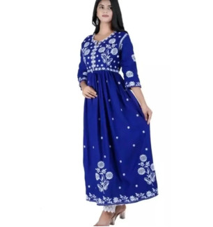 Stylish Blue Embroidered Rayon Anarkali Kurta For Women