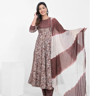 Stylish Brown Cotton Silk Self Pattern Kurta, Bottom And Dupatta Set For Women