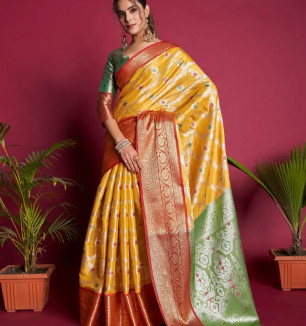 Womens Soft Kanjivaram Silk Blend Saree With Blouse Piece