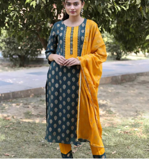 Stylish Olive Printed Rayon Kurta Pant Set With Dupatta For Women