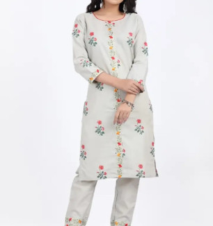 Cotton Embroidered With Floral Printed Straight Kurta With Pant Set