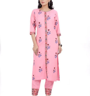 Cotton Embroidered With Floral Printed Straight Kurta With Pant Set