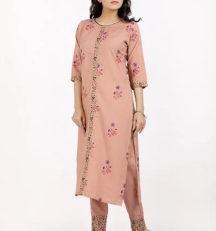 Cotton Embroidered With Floral Printed Straight Kurta With Pant Set