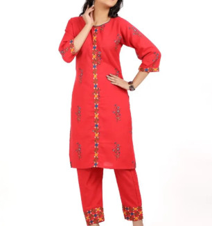 Cotton Embroidered With Floral Printed Straight Kurta With Pant Set