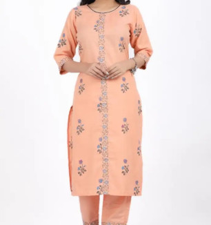 Cotton Embroidered With Floral Printed Straight Kurta With Pant Set