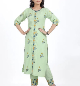 Cotton Embroidered With Floral Printed Straight Kurta With Pant Set