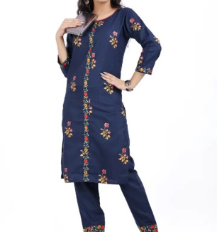 Cotton Embroidered With Floral Printed Straight Kurta With Pant Set