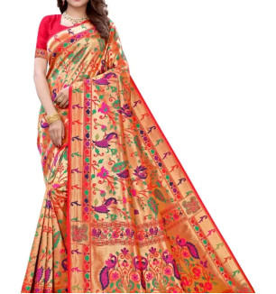 Women's Paithani Silk Saree With Unstitched Blouse Piece