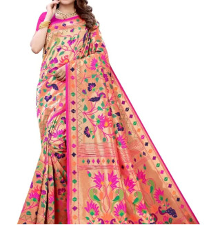 Women's Paithani Silk Saree With Unstitched Blouse Piece