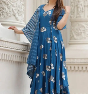 Stylish Rayon Slub Printed Kurta With Dupatta Set For Women