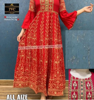 Red Rayon Embroidered Kurtas For Women