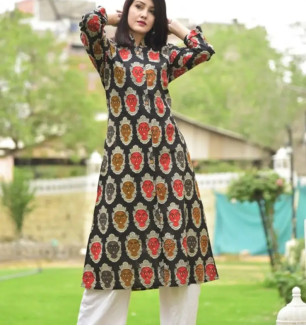 Elite Multicoloured Printed Cotton Women A-Line Kurti