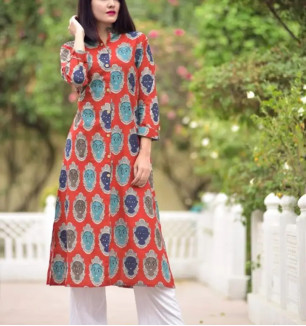 Elite Red Printed Cotton Women A-Line Kurti