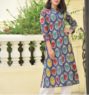 Elite Blue Printed Cotton Women A-Line Kurti