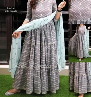 Stunning Cambric Cotton Printed Anarkali Kurta With Mulmul Dupatta For Women