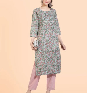 COTTON STRAIGHT PRINTED KURTI WITH PANT FOR WOMEN