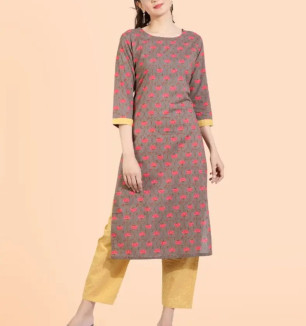 PURE COTTON STRAIGHT PRINTED KURTI WITH PANT FOR WOMEN.