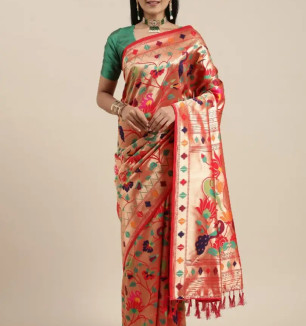 Women Pure Paithani Silk Saree With Blouse Piece