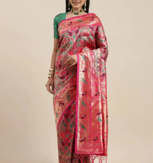 Women Pure Paithani Silk Saree With Blouse Piece