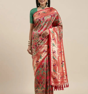 Women Pure Paithani Silk Saree With Blouse Piece