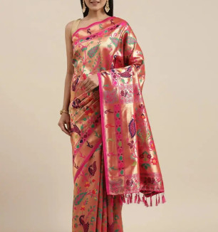 Women Pure Paithani Silk Saree With Blouse Piece