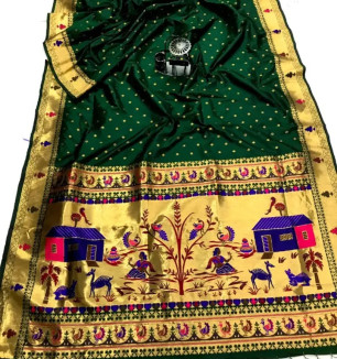 Womens Paithani Silk Saree With Unstitched Blouse Piece