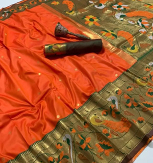 Womens Paithani Silk Saree With Unstitched Blouse Piece