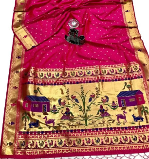 Womens Paithani Silk Saree With Unstitched Blouse Piece