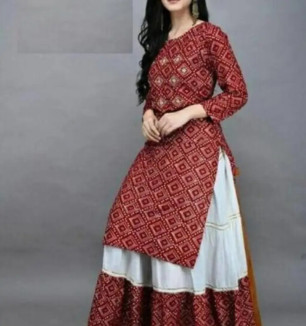 Trendy Rayon Bandhani Print Kurti With Skirt For Women