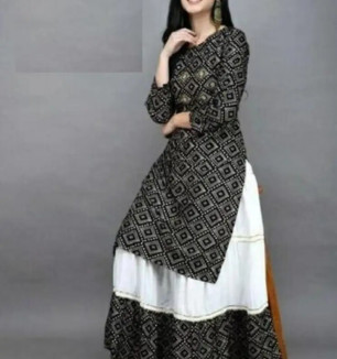 Trendy Rayon Bandhani Print Kurti With Skirt For Women