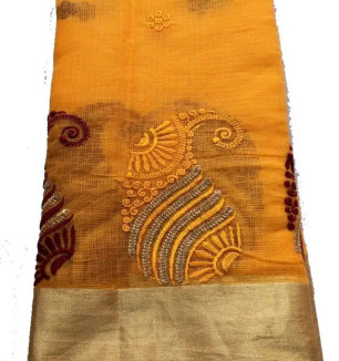 Women's Banarasi Cotton Saree (jp-8547144126_Yellow, Dark Yellow With Multicolor Tribal Work  Golden Border)