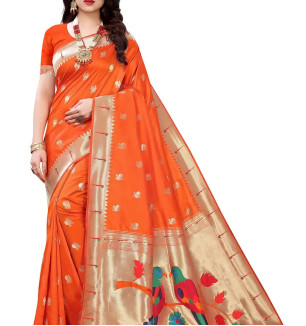 Pandadi Saree Women's Paithani Paithani Silk Saree With Blouse Piece (184PS_Orange)