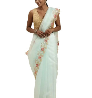 Pandadi Saree Women's Embroidered Organza Saree With Blouse Piece (Sky Blue)