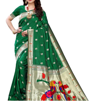 Pandadi Saree Women's Paithani Paithani Silk Saree With Blouse Piece (184PS_Green)