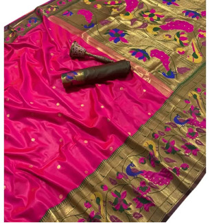 Pandadi Saree Women's Paithani Paithani Silk Saree With Blouse Piece (287PS1_Pink)