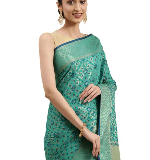 Pandadi Saree Women's Banarasi Silk Patola Saree With Blouse Piece (Green)