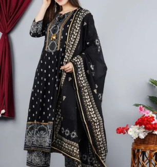 Classy Rayon Printed Kurta, Bottom And Dupatta Set