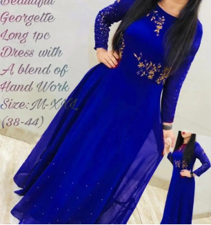 Beautiful Blue Georgette Hand Work Long Kurta For Women