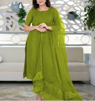 Green Cotton Woven Design Kurtas For Women