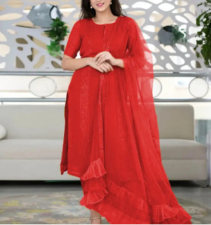 Red Cotton Woven Design Kurtas For Women