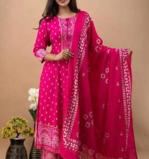 Classic Rayon Printed Kurta, Bottom And Dupatta Set For Women