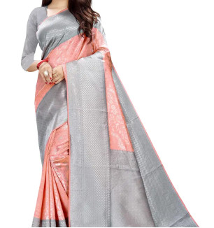 Kanjeevaram Silk Saree Traditional Women's Wedding Piece Bollywood Designer Grey Peach