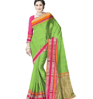 Avushanam Jacquard Border Zari Work Resham Kota Saree With Blouse Piece (Green) - D391