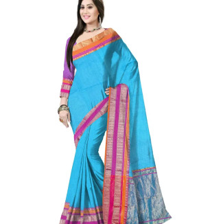 Avushanam Jacquard Border Zari Work Resham Kota Saree With Blouse Piece (Blue) - D285